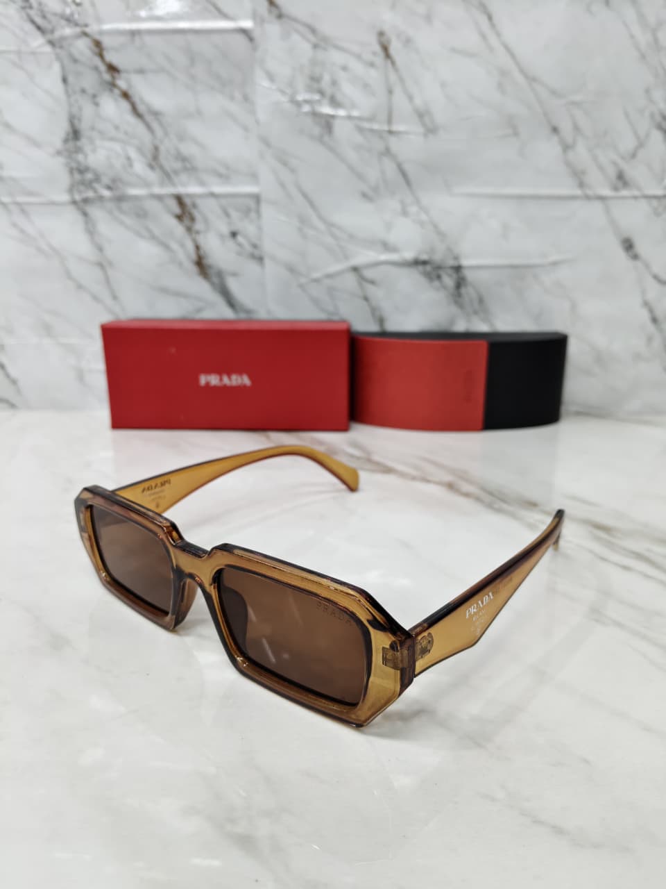 Prada Rectangle Plastic Full Rim Brown Women Sunglasses