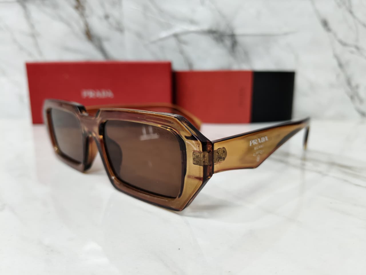 Prada Rectangle Plastic Full Rim Brown Women Sunglasses