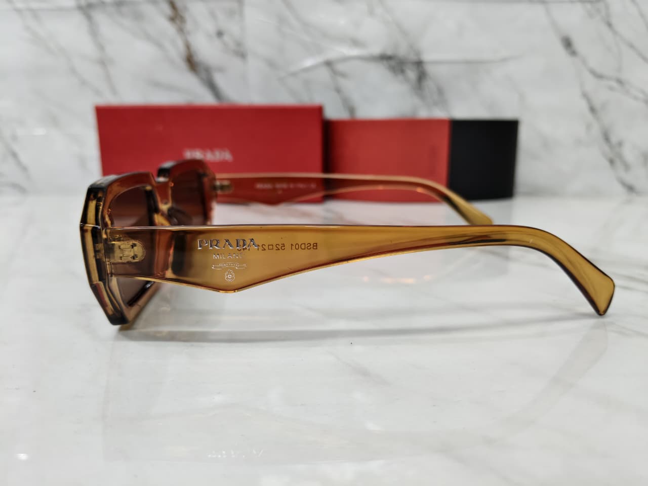 Prada Rectangle Plastic Full Rim Brown Women Sunglasses
