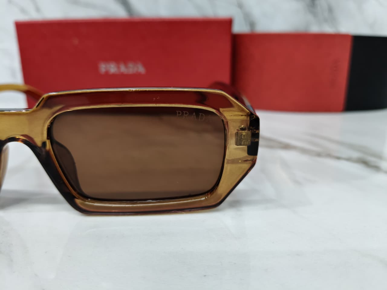 Prada Rectangle Plastic Full Rim Brown Women Sunglasses