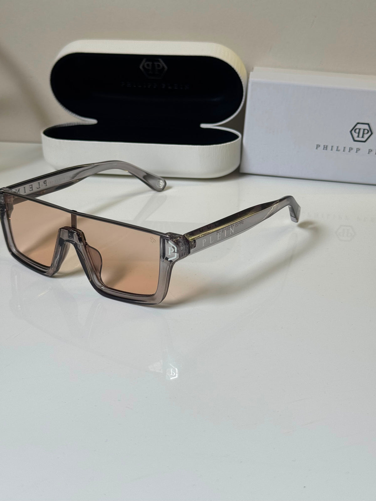 Philipp Plein Square Oversized Sunglasses Light Brown Vintage Big Frame Unisex